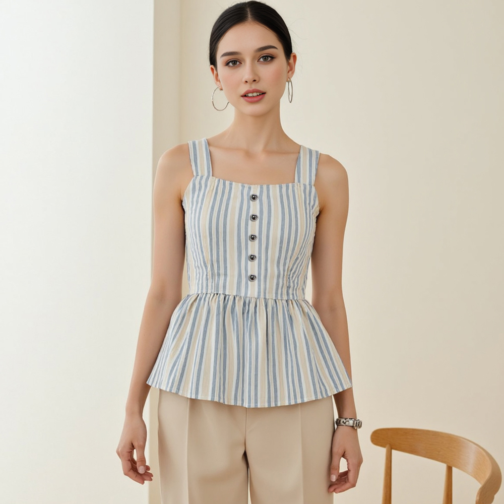 Closet Crush เสื้อเบลาส์แขนกุด แต่งระบายที่ชายเสื้อ แต่งกระดุมหน้า สไตล์มินิมอล ลายทาง ราคา 217 บาท*ส่งฟรี