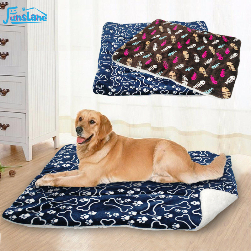 FunsLane Thicker Washable Blue Bone Pattern Dog Mat Warm Pet Blanket