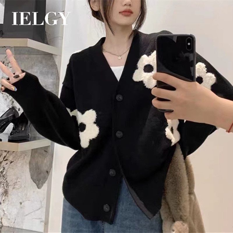 Ielgy Hàn Quốc dài tay áo Áo len cổ chữ V Cardigan với hoa Inlay cho phụ nữ của mùa thu thời trang