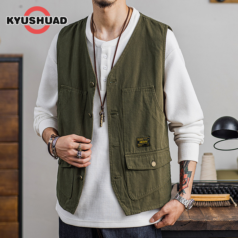 KYUSHUAD Vest người đàn ông Mỹ hàng hóa đồng phục vest người đàn ông Ins dáng suông xu hướng giản dị đẹp trai nhiều túi vai áo khoác không tay