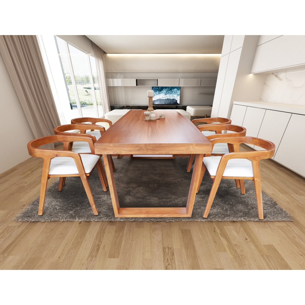 GHBathroom_Mall ชุดโต๊ะอาหารไม้สักแท้ รุ่นคางหมูเก้าอี้หลังโค้ง 6 ที่นั่ง ขนาด 200x90x80ซม. สีสักทอง สไตล์มินิมอล ร้านค้าเเนะนำ ราคา 39,490 บาท*ส่งฟรี