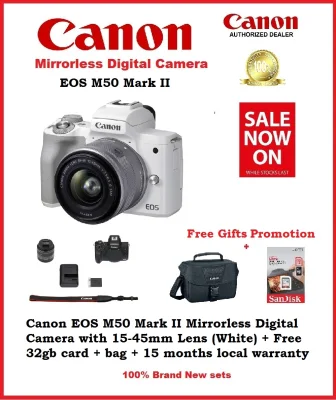 Canon EOS M50 Mark II Mirrorless Digital Camera with 15-45mm Lens (White) + Free 32gb card + bag + 15 months local warranty