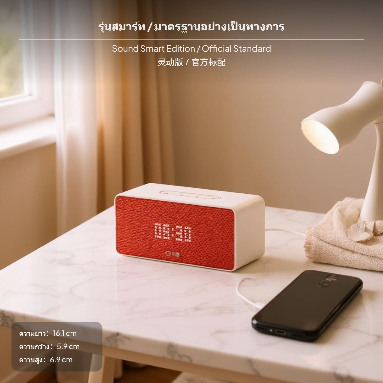 ลำโพงเสียงระบบควบคุมด้วยเสียงพร้อมไฟ LED, เครื่องเสียงสำหรับบ้านที่สั่งงานด้วยเสียง, นาฬิกาแสดงผล LED, ดีไซน์ทันสมัย, นาฬิกาปลุก AI สำหรับเด็ก, มีให้เลือกหลายสี