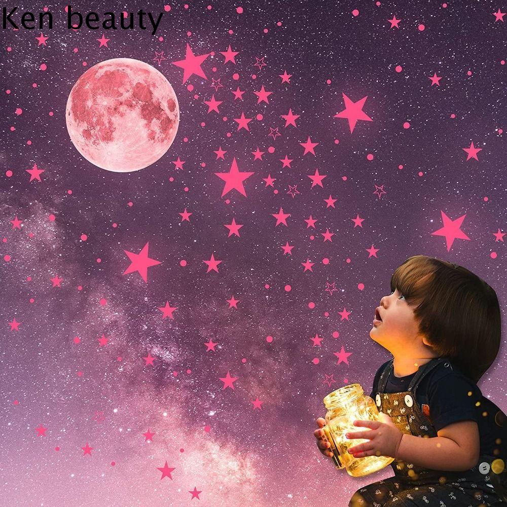 KEN BEAUTY Sáng Tạo 3D Thực tế Huỳnh quang Tự dính Đẹp Miếng dán tường Đề can dán tường hình trăng sao Miếng dán phát sáng Để trang trí phòng trẻ em