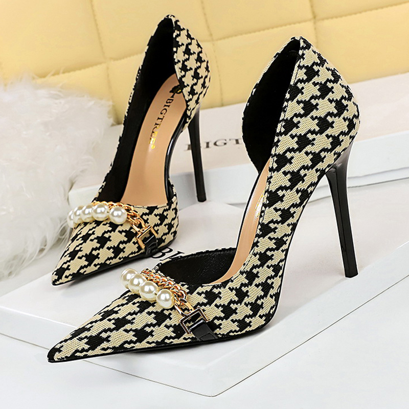 BIGTREE Shoes 2023 Spring Women Pumps Pearl Metal Chain High-Heels Checked Grain Stilettos Women Hee