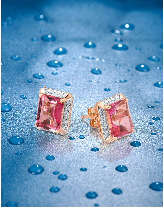 [NVDM] VISTOSO Pure 14K 585 Rose Solitaire Stud Earrings For Women Sparkling Diamond Pink Topaz Elegant Rectangle Fine Wedding Jewelry ☆