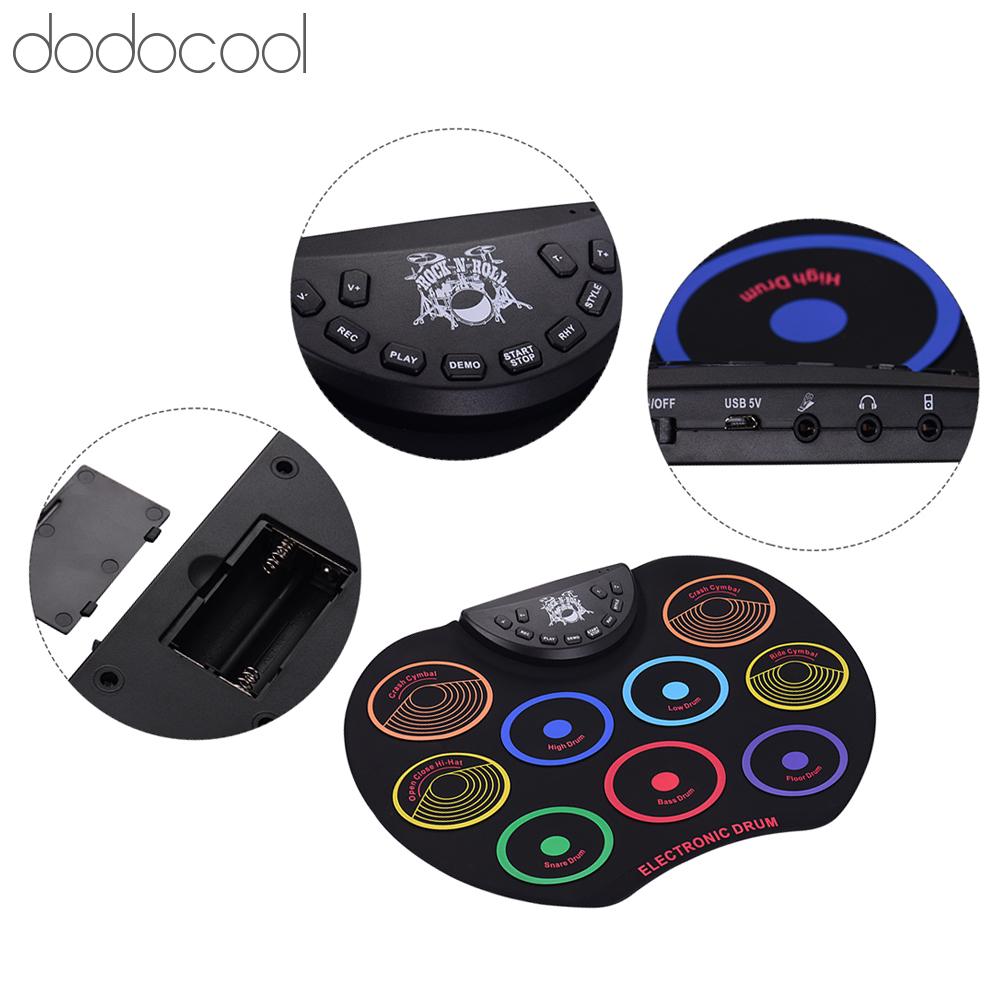 Dodocool Bộ trống cuộn kích thước nhỏ gọn chung Bộ trống điện tử 9 miếng đệm trống silicon USB/chạy bằng pin kèm dùi trống Bàn đạp chân cho trẻ em Kids