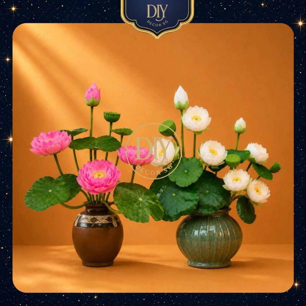 Cành sen lụa trang trí tháp oản Եài lộc, cắm bình, decor trυng thu, deocor Tết, sự kiện cực đẹp