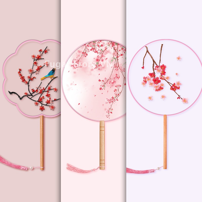 Quạt Tròn Nhỏ Phong Cách Cổ Mùa Hè Trẻ Em Quạt Múa Tay Cầm Dài Nửa Trong Suốt, Quạt Thêu Sườn Xám Hán Phục Bé Gái