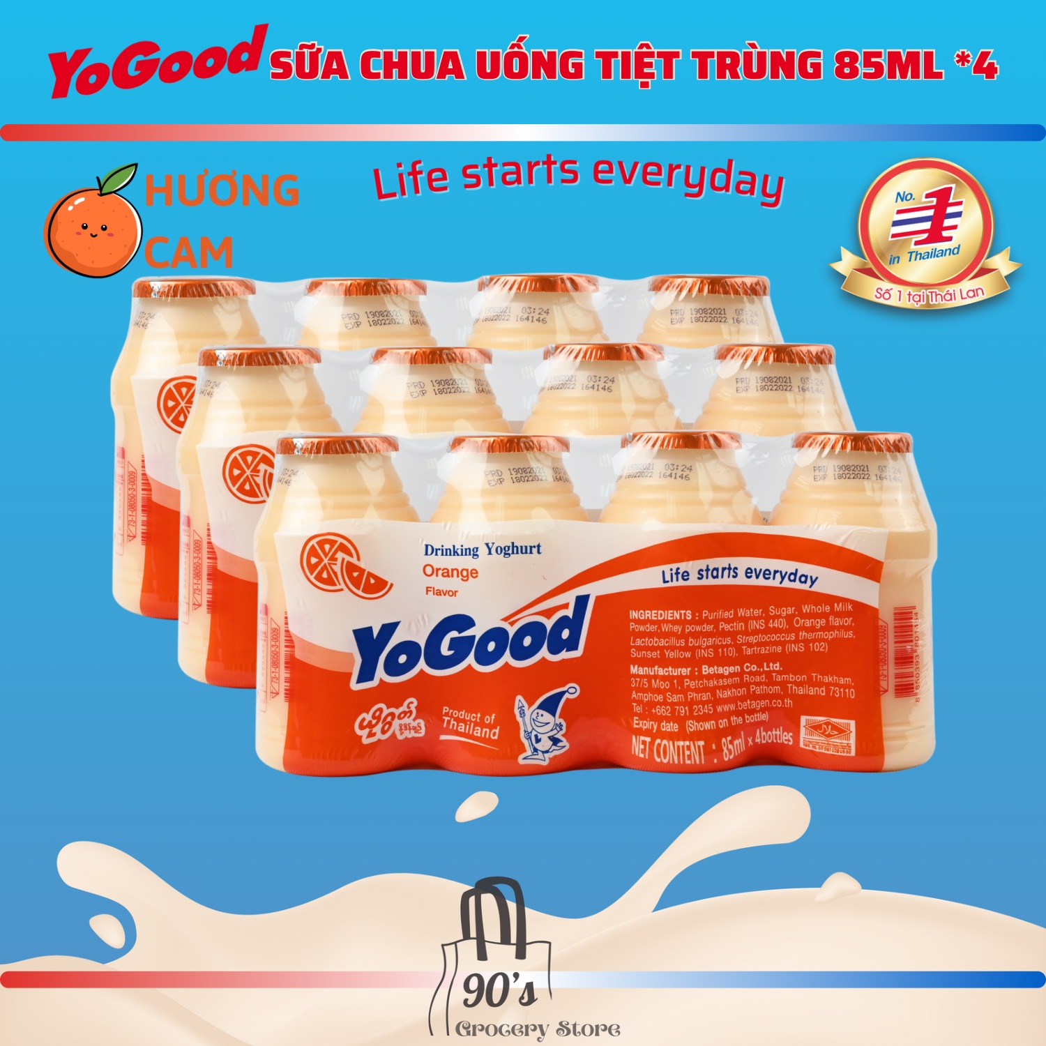 (90’s Grocery Store) SỮA CHUA UỐNG YOGOOD 85MLx4 CAM (Bổ sung PREBIOTIC, tốt cho hệ tiêu hóa)