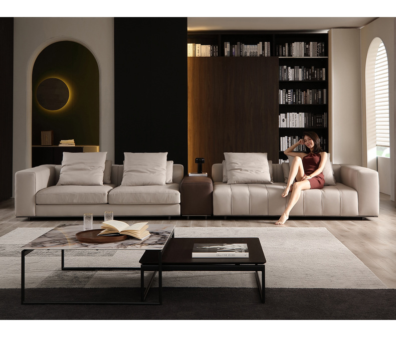Sofá italiano minimalista de piel, teclas de piano, moderno, minimalista, nórdico, arte en piel, villa italiana, muebles de sala de estar de lujo y luminosos