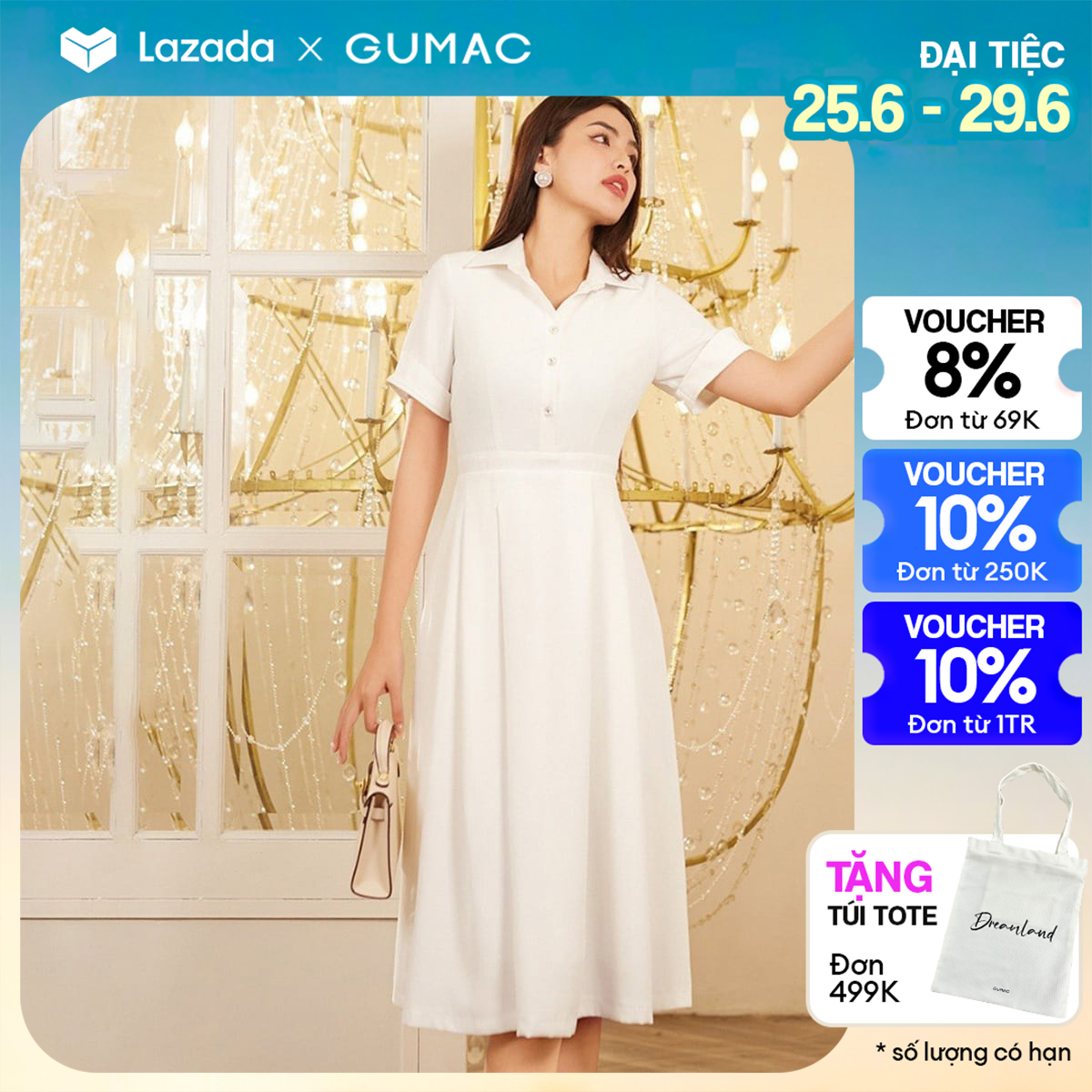 [25 - 29.6 |Voucher 8-10%] Đầm sơ mi tay lật thời trang GUMAC DE01073