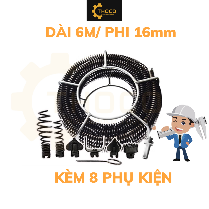 Dây thông tắc cống lò xo dùng cho máy khoan loại 6m kèm phụ kiện và lồng sắt