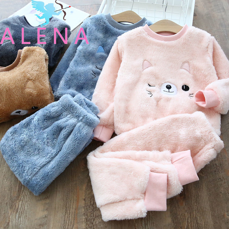 ALENA Đồ ngủ trẻ em Mùa đông hai mặt Fleece bé trai Set Flannel bé nhà quần áo bé gái mùa đông giữ ấm