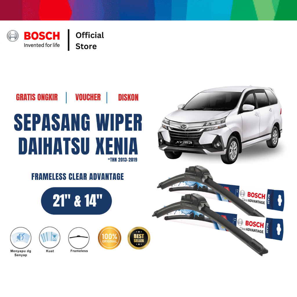 Bosch Sepasang Wiper Frameless Clear Advantage Mobil Dahiatsu Xenia 2013-2019 Size 21 dan 14 Inci Harga 189,380 rupiah*Gratis Ongkir