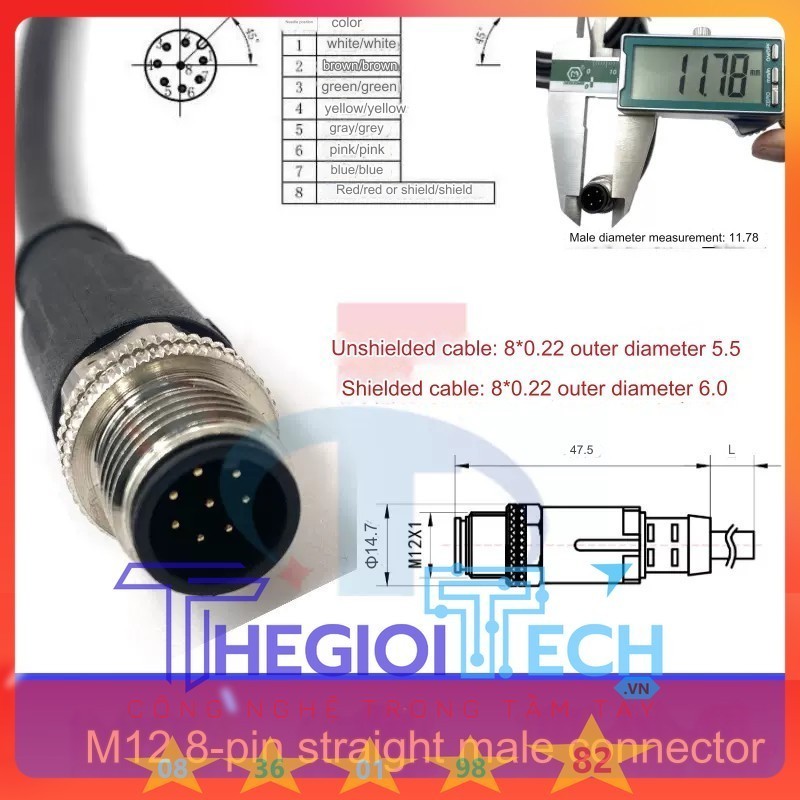 TH Dây Cảm Biến Đầu Jack connector cắm M12, Cáp 4 5 8 12 Lõi, Đầu chân đực, đầu cái, chống thấm nước, kiểu đầu nối thẳng TGT - 1 mét - Đực 8 Lõi có lưới
