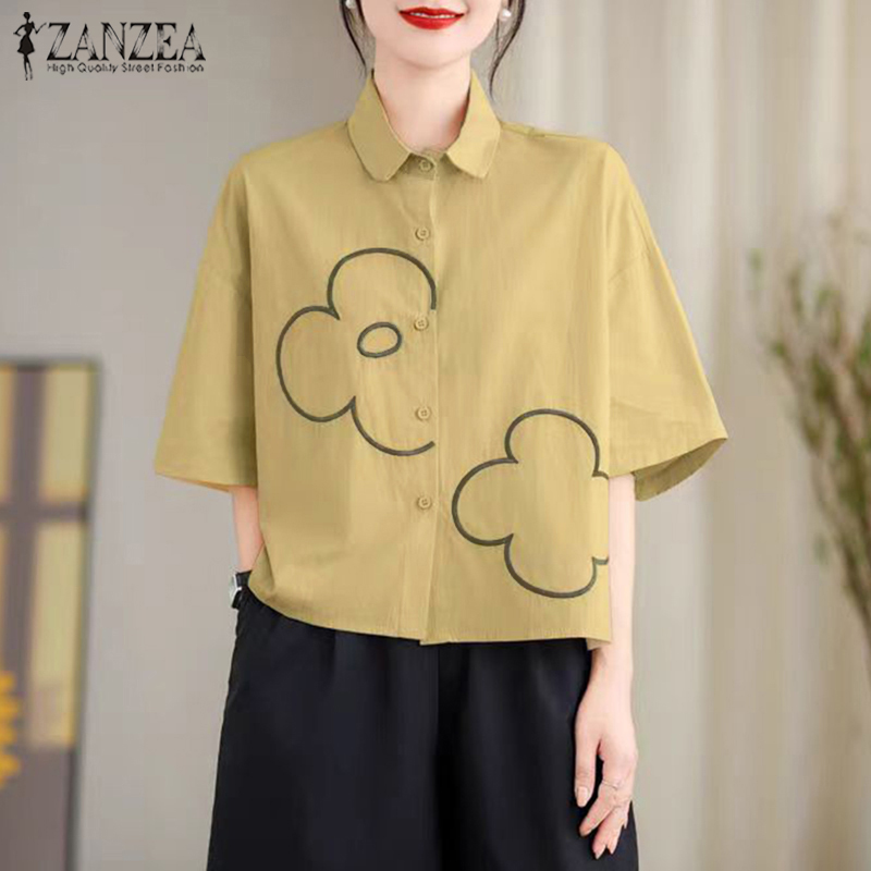 Hijabfab ZANZEA tay áo lửng cho nữ thêu hoa đầu lần lượt xuống cổ áo đơn giản đi lại Áo sơ mi #0303