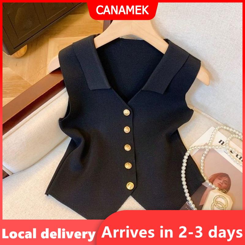 【Giao hàng nhanh】 Pháp khí v-cổ đơn ngực không tay mỏng dệt kim vest cho phụ nữ