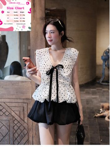 Set váy ngắn nơ bí chất Voan nhún phối chân váy Tuyết Mưa tiểu thư đồ đi du lịch xinh xắn (MK)