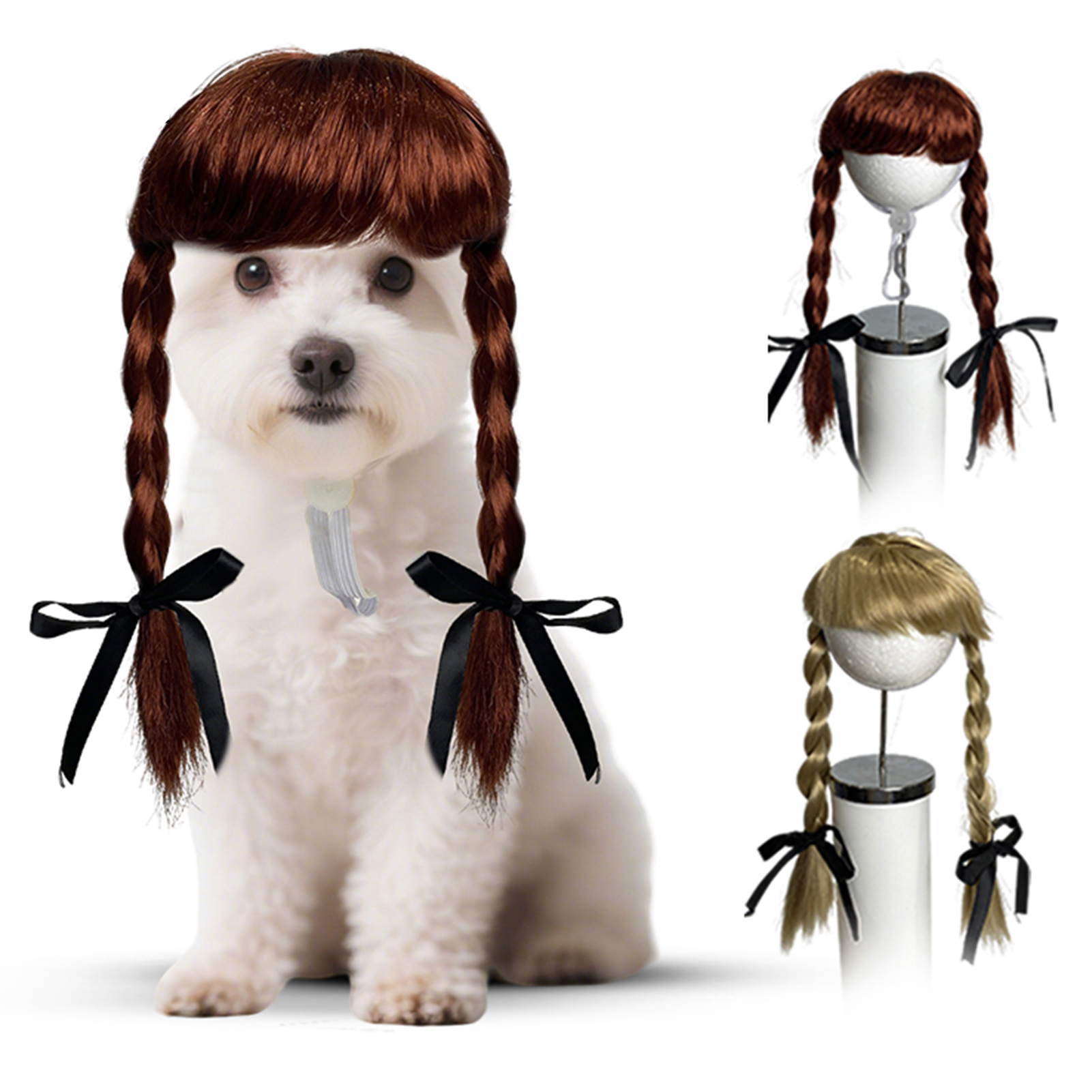 Goodbro Halloween Pet Tóc Giả Vật Nuôi Đôi tóc tết giả Đáng Yêu Pet Tóc giả hóa trang Với Đôi Bím Tóc Và Cung Cho Chó Và Mèo Hoàn Hảo Cho Halloween Và tiệc giáng sinh băng co giãn có thể điều chỉnh Cho Comfort