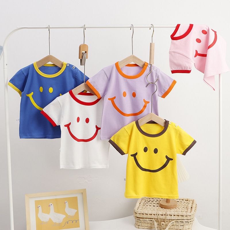 cottontotem Colorful Edge Smiling Face Short Sleeved T-shirt Summer Kids' Tops & Tank Tees Boys Girls Baby Short-Sleeved Toddler Clothes Cotton Half Sleeve for 0-8 Years Children