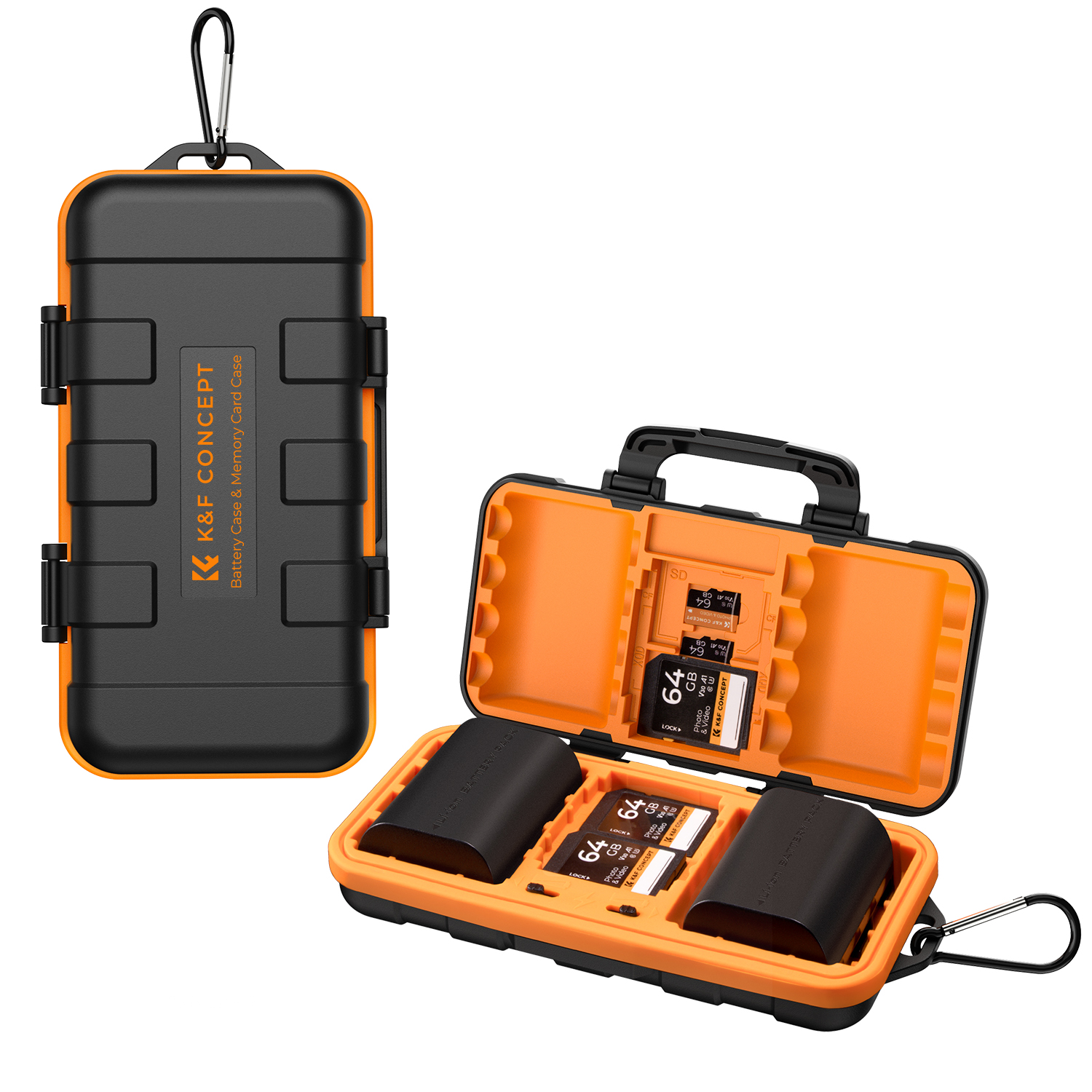 K&F Concept Camera Battery Memory Card Case, professional waterproof and shockproof, with card slot for bag storage, can hold 2 camera batteries or 8 dry cell batteries, 2 CF Cards or 2 XQD, 4 SD Cards and 6 TF Cards.