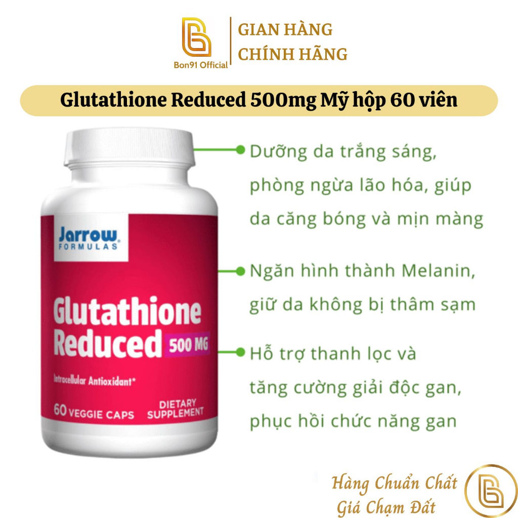 Glutathione Reduced 500mg Mỹ hộp 60 viên uống trắng da ngăn sạm da nám da