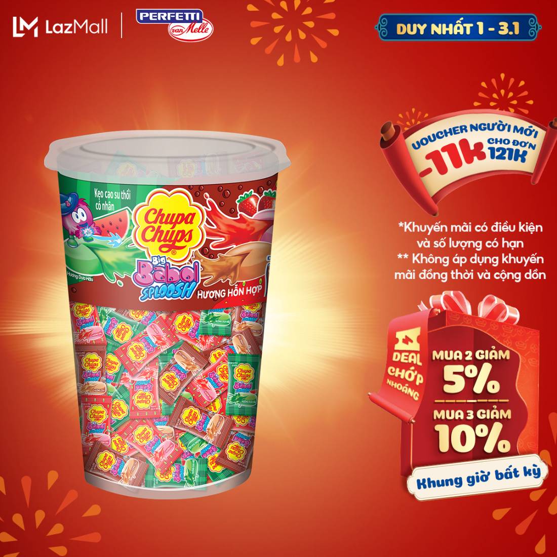  Kẹo cao su gum thổi có nhân Chupa Chups Big Babol Sploosh  Hũ 74 viên  hương dưa hấu dâu cola 