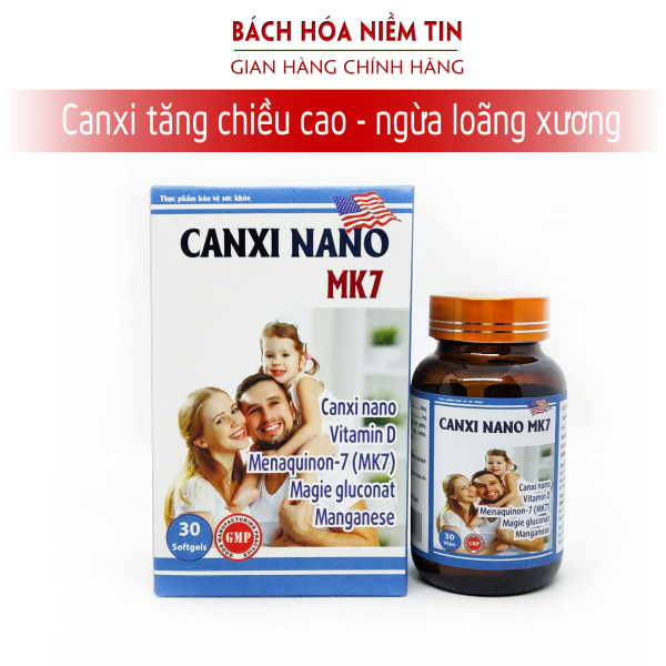 Viên uống Canxi Nano MK7 phát triển hệ xương, chắc khỏe xương và răng, giảm loãng xương, tăng chiều cao - Hộp 30 viên chuẩn GMP dùng cho trẻ em trên 12 tuổi, phụ nữ mang thai và cho con bú, người lớn