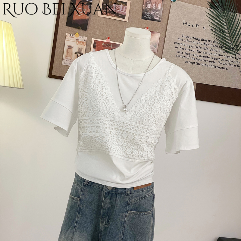 Ruo Bei Xuan New Arrival Summer Korean Style Lace Splicing Fake Two-Piece Loose T-Shirt ราคา 304 บาท*ส่งฟรี
