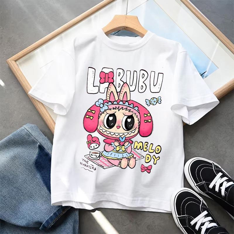 2025 Năm Mới Cotton Cổ Tròn Tay Ngắn T Áo Thun labubu Dễ Thương Hoạt Hình Họa Tiết In Hình Bé Trai B