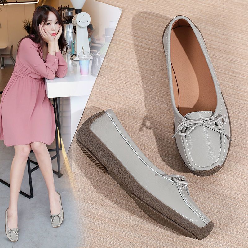 wtMei Genuine Leather Doudou Shoes Women Beef Tendon Sole Single Shoes One Pedal Mother Shoes Casual Flat Shoes