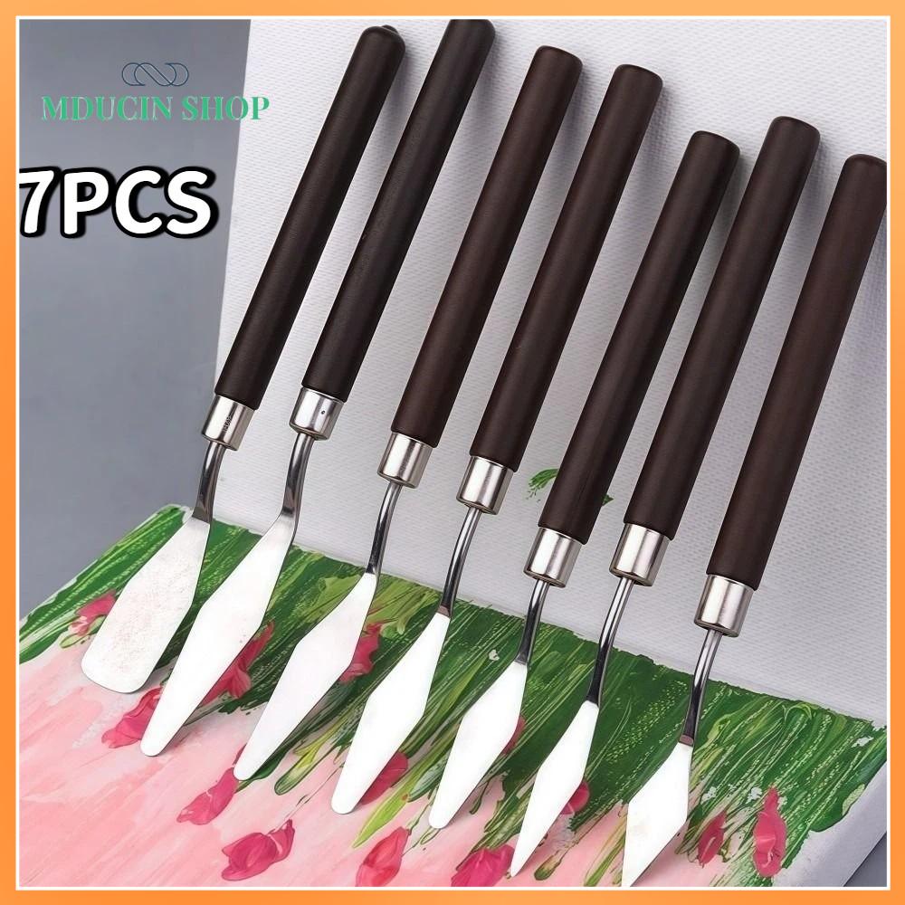 MDUCIN SHOP 7PCS Bằng gỗ Bộ cọ vẽ tranh sơn dầu nghệ thuật Thép không gỉ Nhẹ Xẻng trộn sơn màu nước Di động Ngăn ngừa rỉ sét Bộ cọ vẽ Công cụ vẽ
