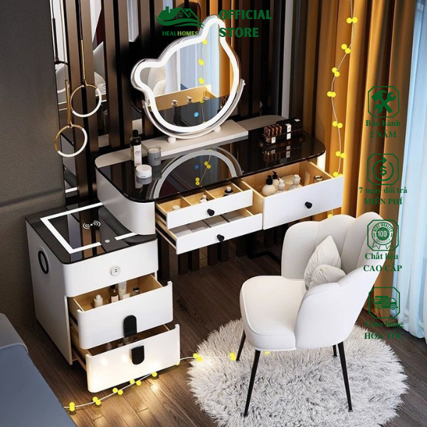 Bàn Phấn, Bàn Trang Điểm Gấu Thông Minh nhập khẩu 100cm Sạc Không Dây Gương Led Cảm Ứng 3 màu, Loa Bluetooth, 2 Cổng USB
