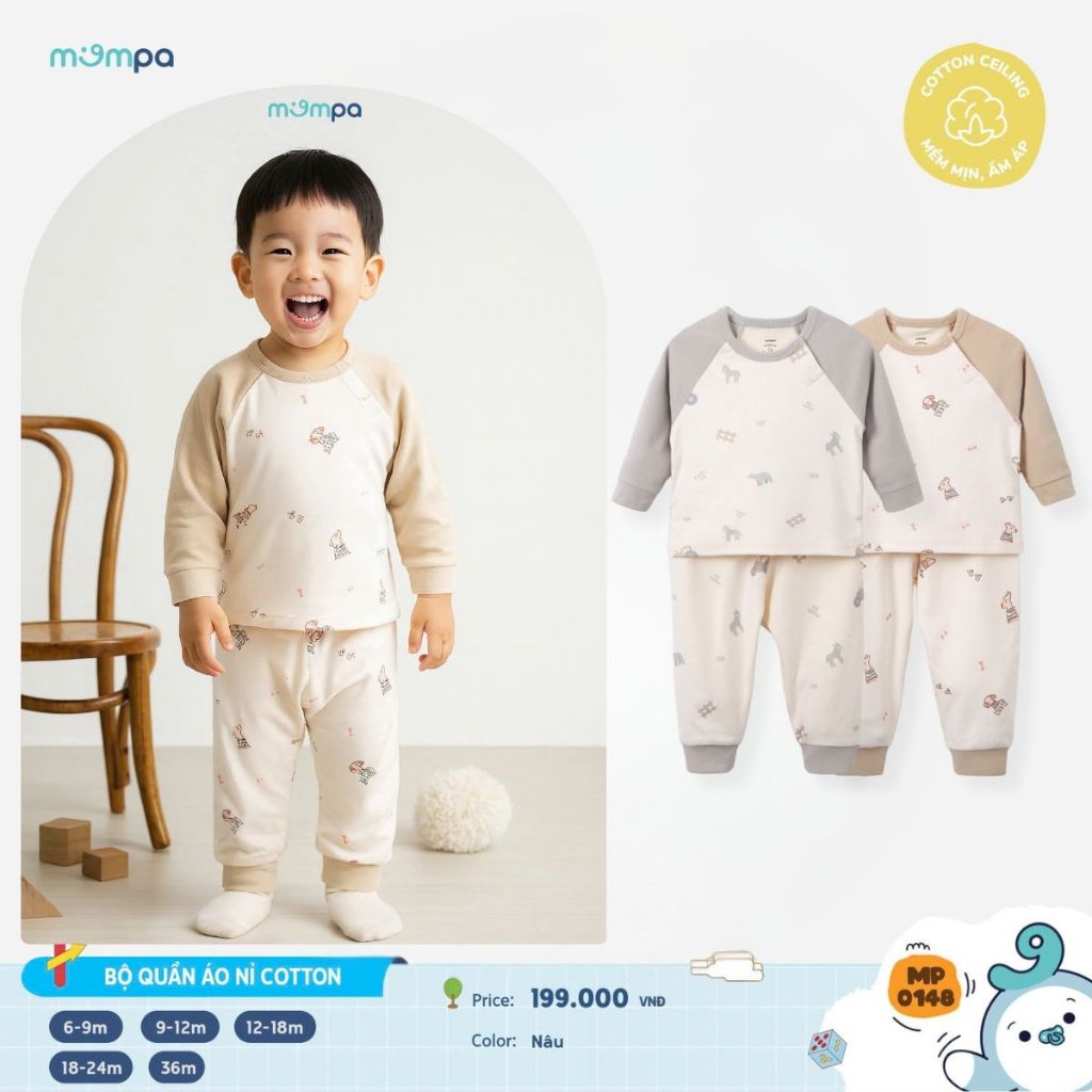 Đồ bộ cho bé Mompa dài tay 6 tháng - 3 tuổi vải Cotton nỉ co giãn mềm mại ấm áp 0148