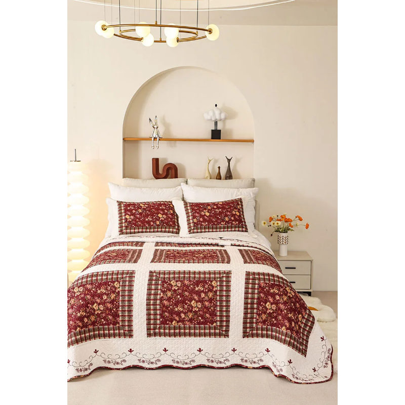 （Neues Produkt）CHAUSUB Neues Patchwork-Quilt-Set aus Baumwolle, 3-teilig, Tagesdecke auf dem Bett, bestickte Bettdecke in Queen-Size-Größe, gesteppter Bettbezug als Bettdekor