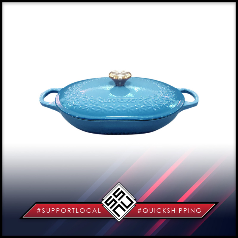SSNU214 Le Creuset Enamelled Cast Iron Fleur Flower Oblong Casserole 31 cm Caribbean Blue Singapore