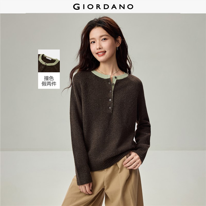GIORDANO Women Sweaters Contrast Henley Neck Sweaters Half Placket Raglan Sleeve Fashionable Casual Relaxed Sweaters 13356632
