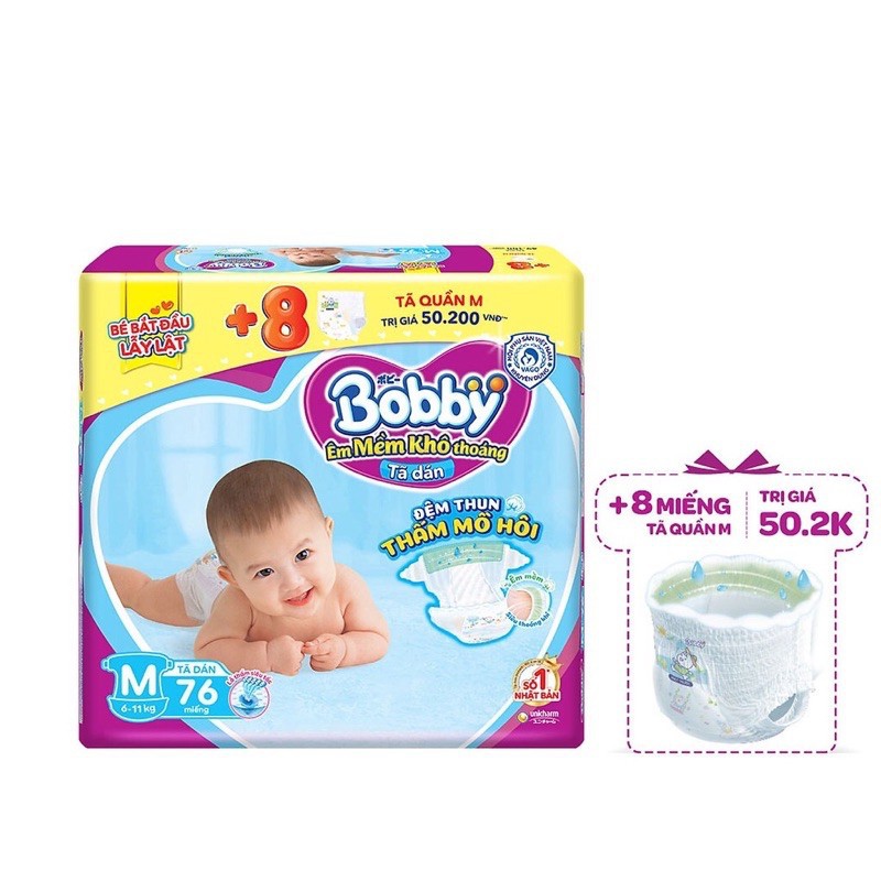 [Bobby thêm miếng].Tã dán sơ sinh Bobby đệm thun thấm mồ hôi size XS 70 (+6)/ S 80(+6) / M76 (+8) mi