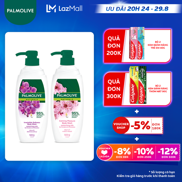 [Ưu đãi 20H 24.8 - 29.8_Áp voucher Colgate 5% + voucher LZD 8%]Bộ 2 Sữa tắm Palmolive dưỡng ẩm chiết xuất thiên nhiên dưỡng da ẩm mịn 500gx2 - Hoa Lan và Hoa Anh Đào