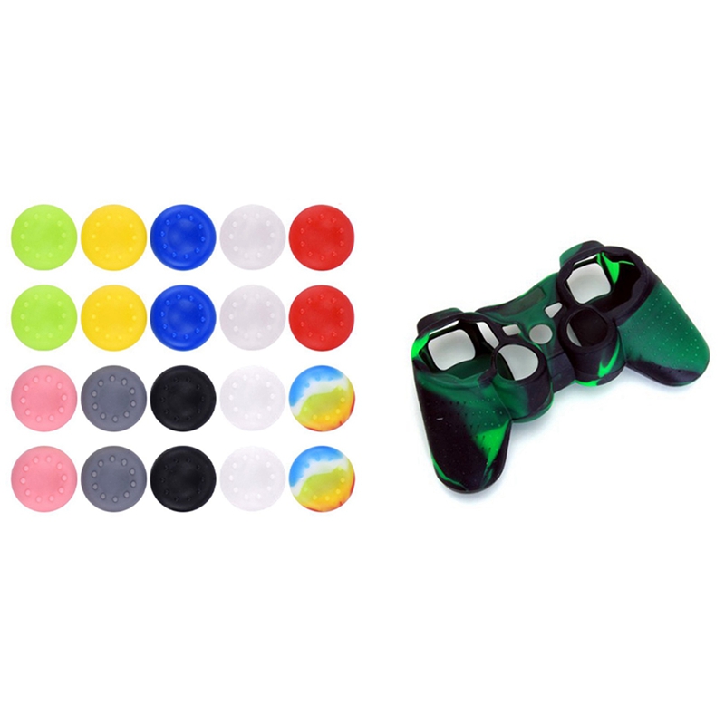1 Pcs Skin Cover Protective Silicone Case for PS2 PS3 Controller & 20 Pcs Silicone Thumb Grips Caps Stick Protect Cover