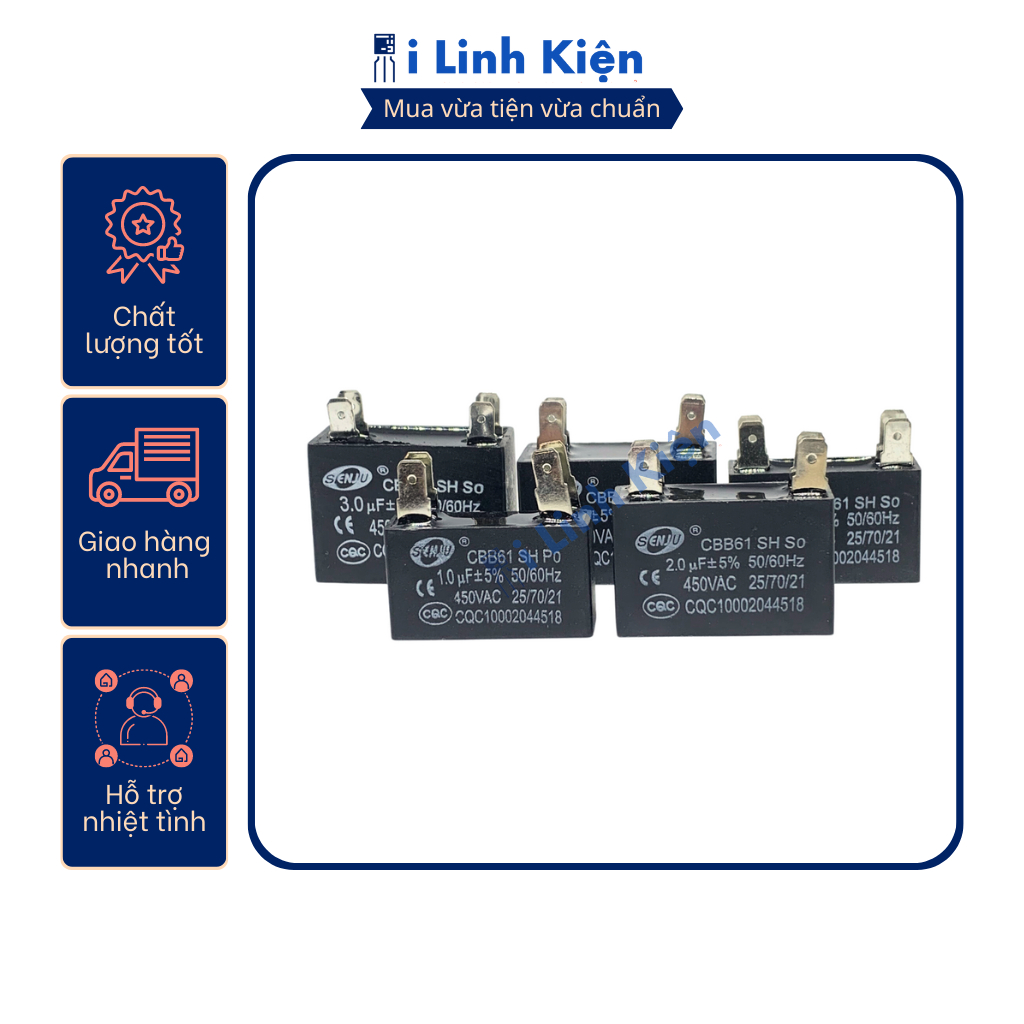 Tụ quạt 1uf - 3uf senju 4 chân cắm jack combo 10 con chất lượng tốt.