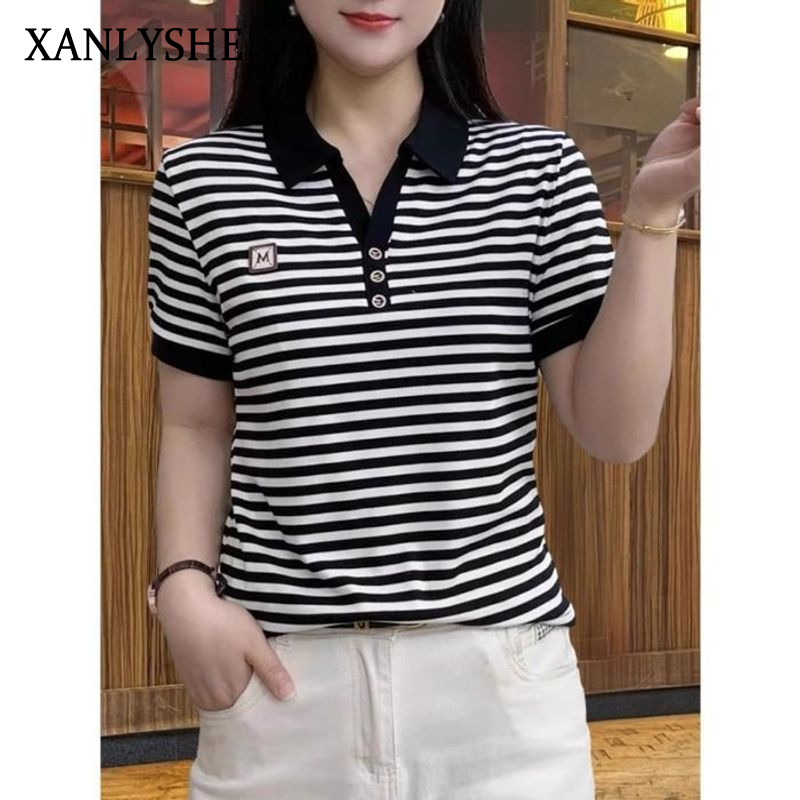 XANLYSHE เสื้อโปโลแขนสั้นลายทางสำหรับผู้หญิง แฟชั่นฤดูร้อน ใส่สบาย เน้นดีไซน์ทันสมัย ราคา 163 บาท*ส่งฟรี