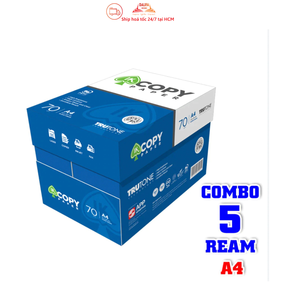 Combo 5 ream Giấy in A4, giấy photo IK Copy 70 gsm đều màu, độ dày cao, in không nhòe 500 tờ, giấy cứng chất lượng cao