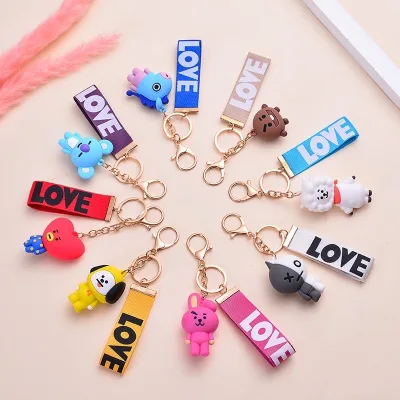 KPOP BTS BT21 Doll Keychain Cartoon Ribbon Bag Pendant Keychain
