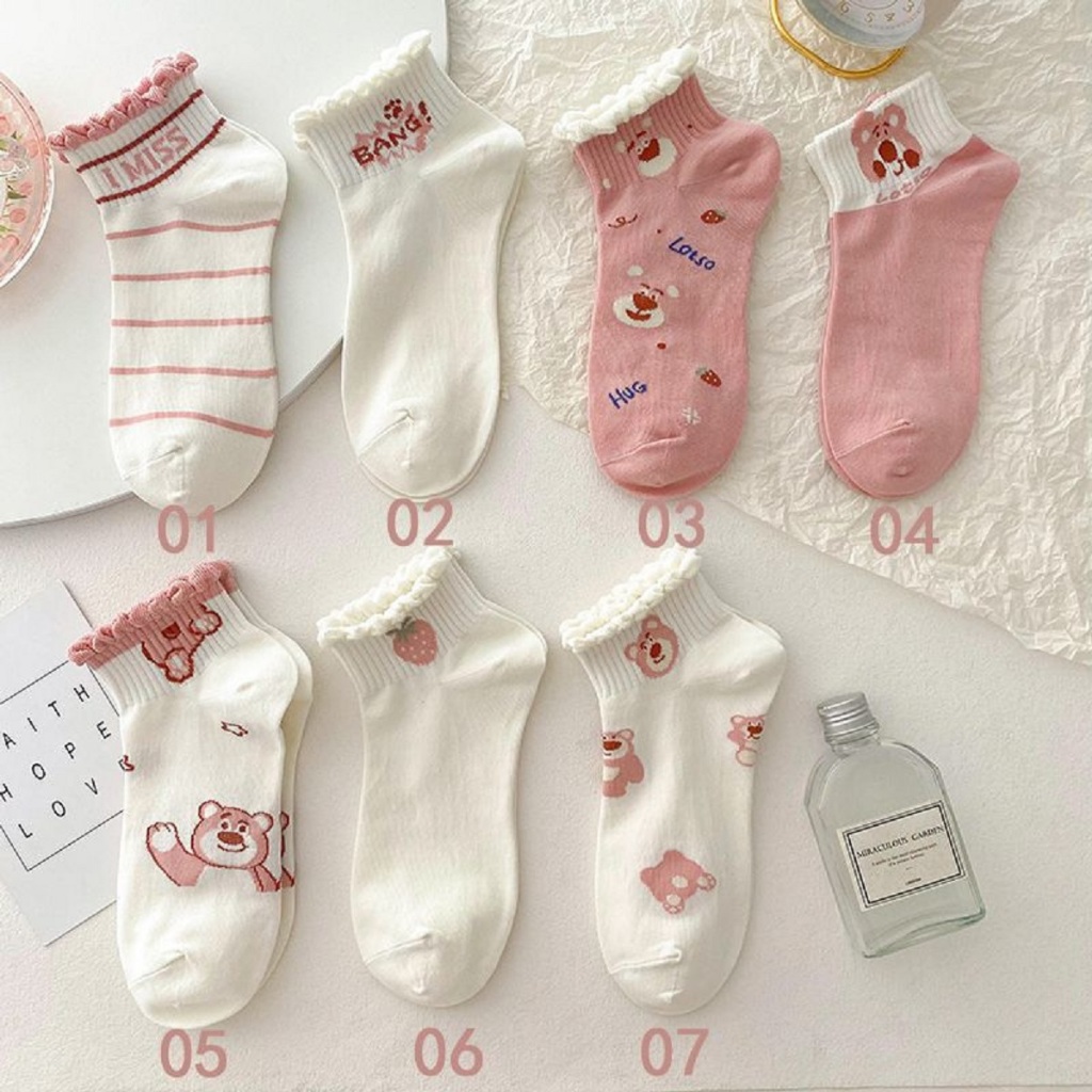 SET 10 Đôi Tất Nữ Cổ Ngắn Hoạ Tiết Gấu Dâu Hồng Siêu Hot Phong Cách Hàn