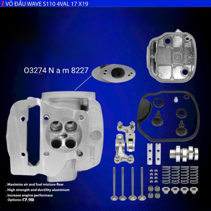 Cụm võ đầu bò quylat 4val xe WAVE S110, RSX, BLADE, A110.... 17/19 Giá 3,896,000 Đồng*Miễn phí vận chuyển