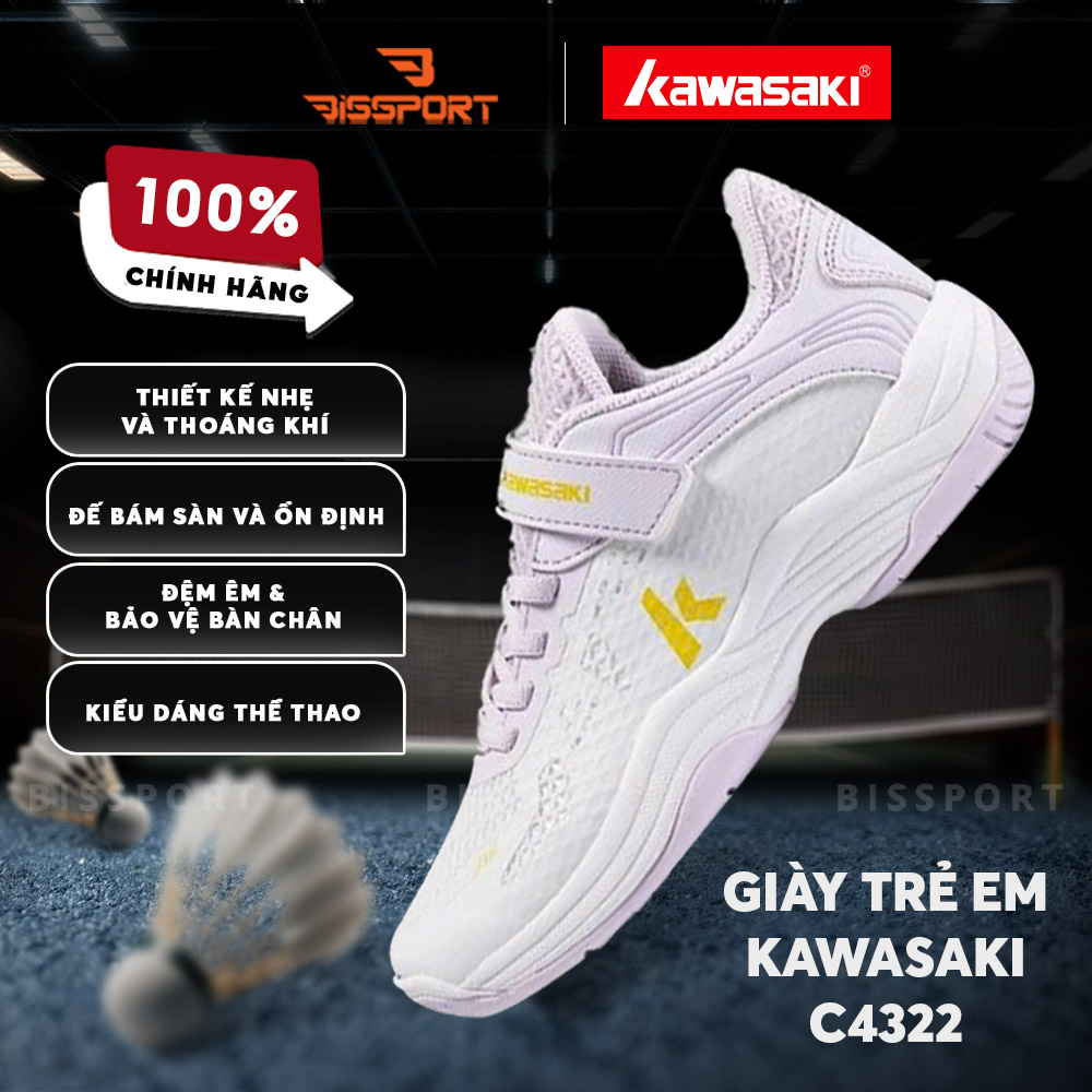 Giày Cầu Lông Trẻ Em Kawasaki C4322 Chính Hãng – Trắng Tím - Êm Chân, Ổn Định, An Toàn Khi Vận Động - Bền Bỉ - Nhẹ Nhàng