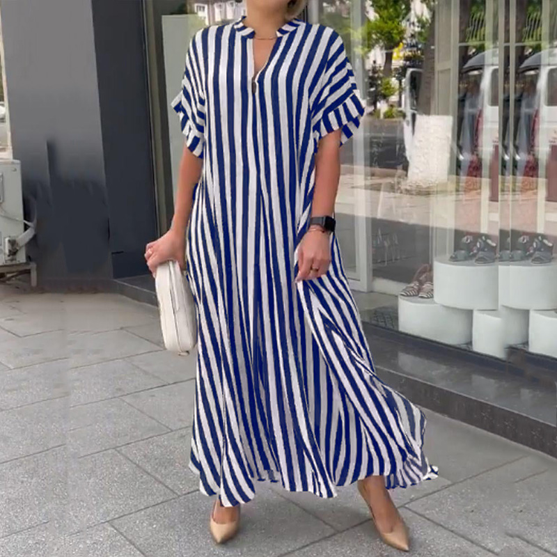 Phụ Nữ Giản Dị Xù Hem Áo Thun Áo Thời Trang Phụ Nữ V Cổ Sọc In T-Shirt Váy Mùa Hè Ngắn Tay Áo Lỏng Dài Dresses