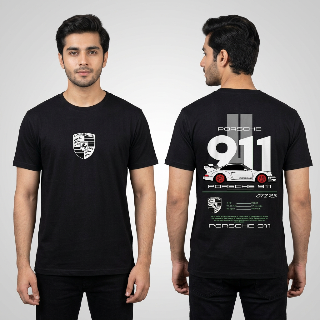 Black Porsche 911 Printed Cotton Basic Half Sleeves O Neck T Shirt For Men & Boys